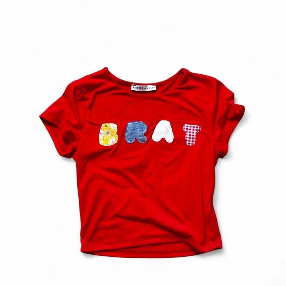 Sincerely Jules "Brat" Cropped Red T-shirt with Appliqué Letters, Size S